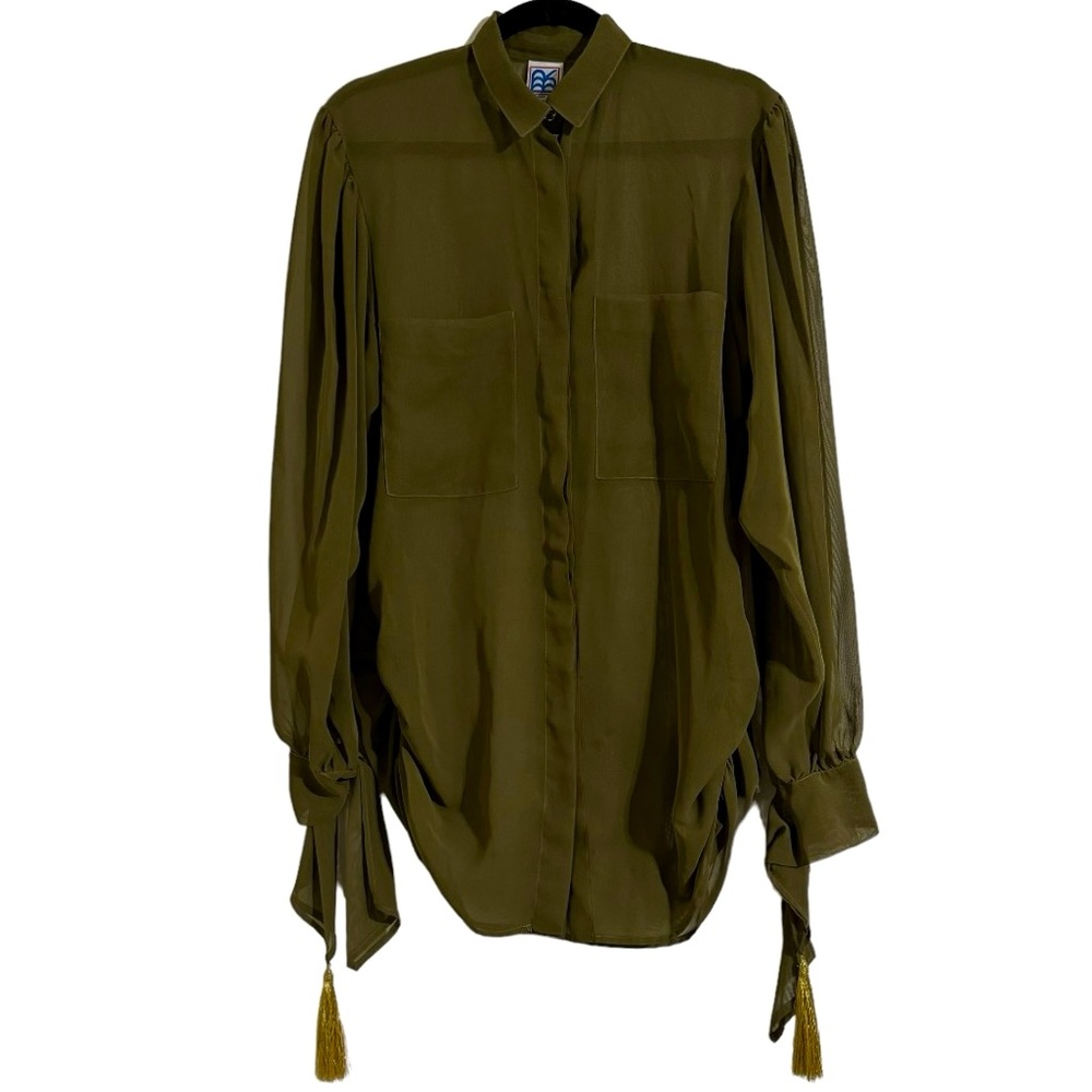 Vintage Bleu Blanc Rouge Button-Up Sheer Green Long Sleeve Gold Fringe Sz 4